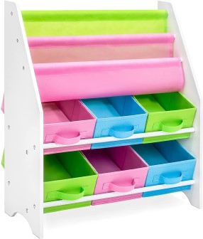 Multicolor toy organizer with book shelf